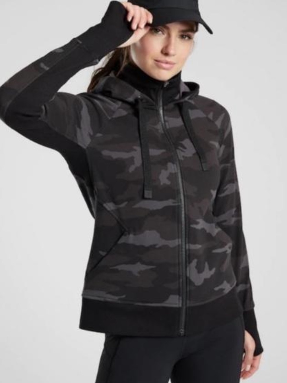 Athleta Triumph Printed Hoodie Black Gray Camo Full Zip Ribbed Hem Jacket